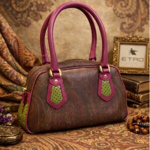 Etro Tricolor Paisley Print Coated Canvas and Leather Boston Bag